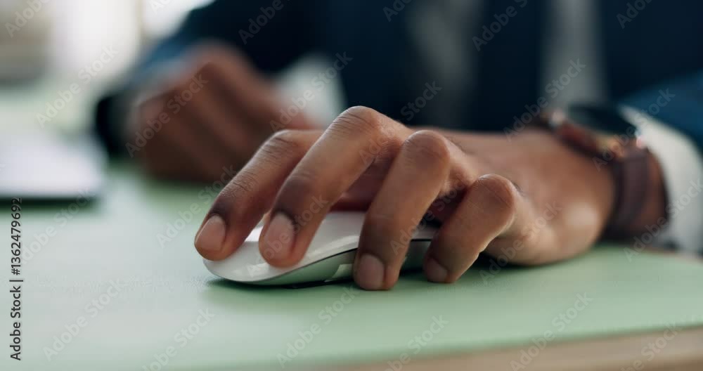 Poster businessman, moving and hand on mouse in office for survey, computer update or information review. c