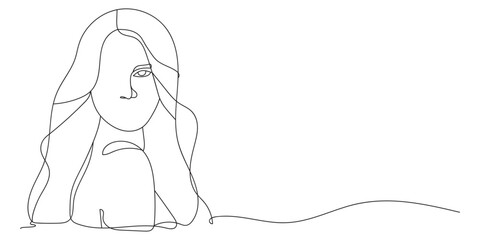 Continuous line drawing of Beauty girl face. Attractive young woman portrait female beauty. Black and white vector illustration