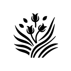Elegant Black and White Floral Silhouette: Stylized Arrangement of Tulips and Leaves, Minimalist Design.
