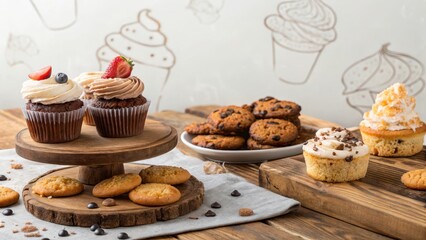 Delicious assortment of cupcakes and cookies on rustic wooden display.