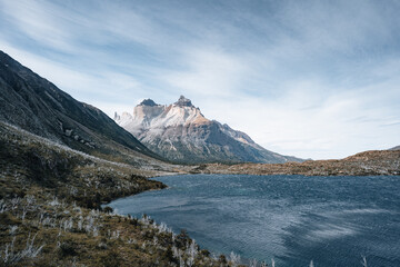 W treking in torres del paine - lake in the mountains