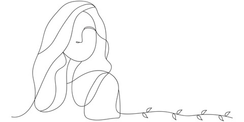 Continuous line drawing of Beauty girl face. Attractive young woman portrait female beauty. Black and white vector illustration