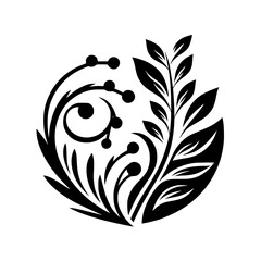 Elegant Black and White Floral Design with Leafy Elements, Berries and Swirls, Circular Composition, Minimalist Aesthetic on White.