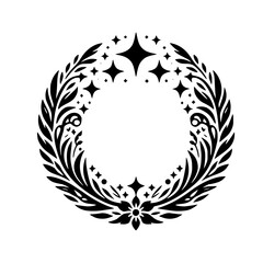 Fototapeta premium A stylized, black and white circular emblem depicting a laurel wreath interwoven with sparkling stars, floral elements, and intricate details.
