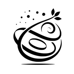 Minimalist Black and White Tea Cup Logo with Swirls and Leaves, Bubbles of Steam, and a Clean Aesthetic.