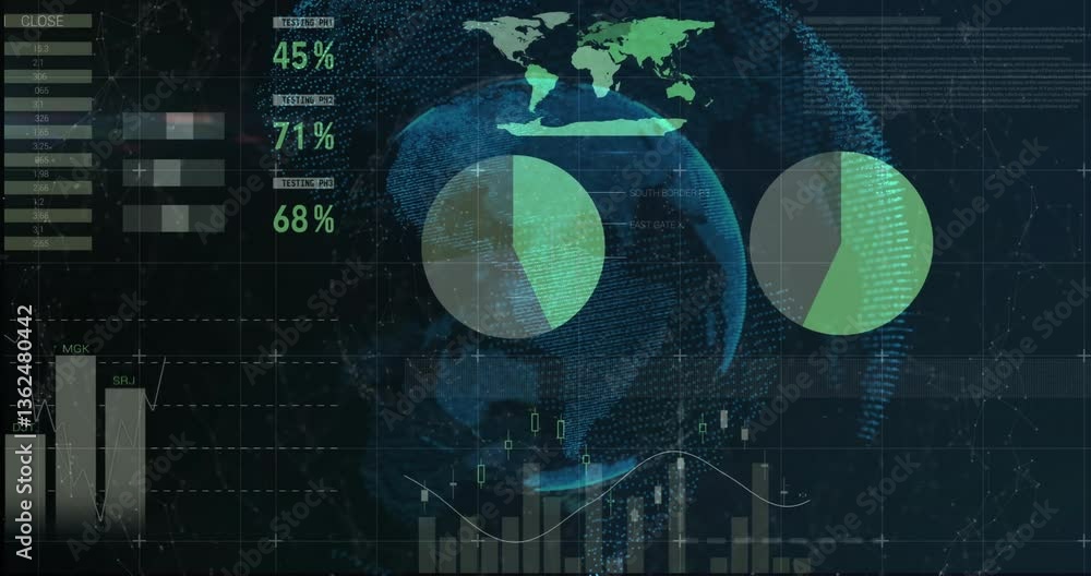 Poster animation of digital globe with data charts and world map overlaying graphics