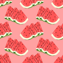 Triangle of juicy watermelon. Ripe summer fruit. Seamless pattern with watermelon. For textile, wrapping paper, postcards or covers.