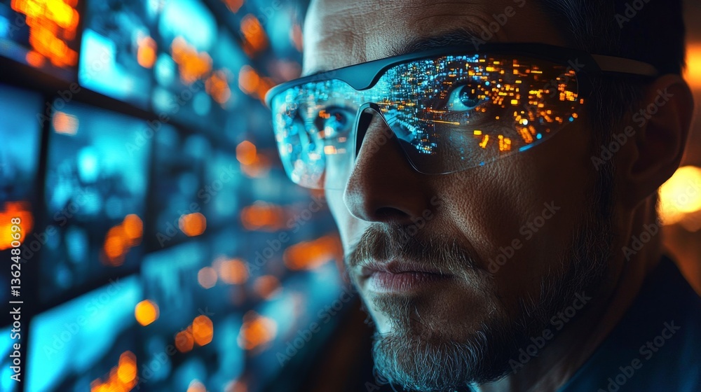 Poster A person wearing smart glasses examines multiple screens displaying logistics and transportation data in a high tech monitoring environment at twilight.