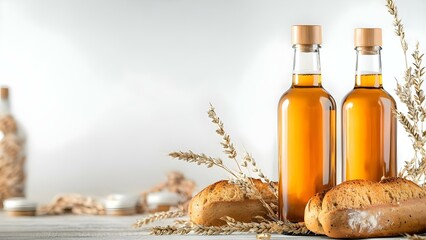 Obraz premium Two bottles of golden liquid next to freshly baked bread and decorative dried plants on a wooden surface. Concept Artisan Olive Oil Display, Freshly Baked Bread, Rustic Decor, Culinary Aesthetics