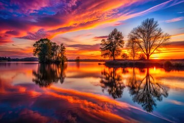 Peaceful lake reflects a stunning twilight sky, silhouetted trees mirroring serenity.