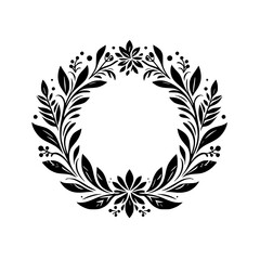 Elegant Black and White Floral Wreath, Minimalist Design Featuring Leaves, Berries, and Delicate Floral Elements on a Clean White Background.