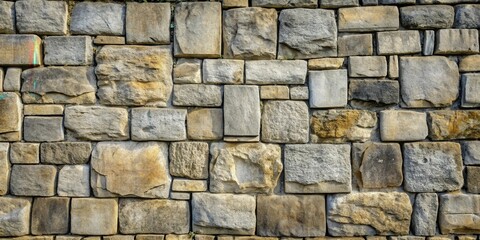 Obraz premium An irregularly patterned stone wall, constructed with rough-hewn, rectangular stones of varying sizes and shades of gray and brown, creating a rustic and textured surface.