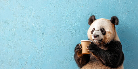 cute panda holding coffee cup against blue background, exuding playful and relaxed vibe