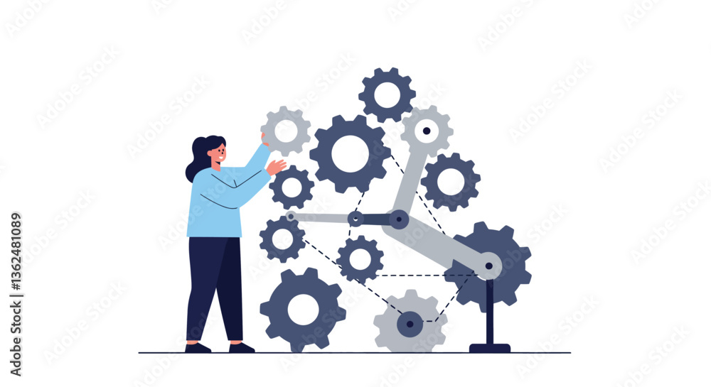 Poster worker adjusting gears in a mechanized system with flat design style vector art