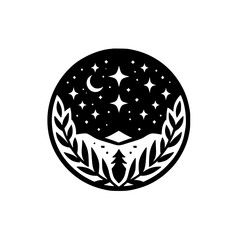 Circular black and white illustration of a night landscape featuring mountains, stars, a crescent moon, and foliage, evoking a sense of peacefulness and natural beauty.