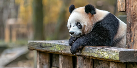 Fototapeta premium serene panda resting on wooden railing, showcasing its distinctive black and white fur in natural setting