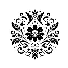 Intricate Black and White Floral Mandala Design with Detailed Leaves, Petals, and Decorative Elements in Circular Symmetry.