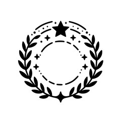 Elegant Black and White Circular Decorative Illustration with a central empty space, containing a star, laurel leaves, and celestial elements.