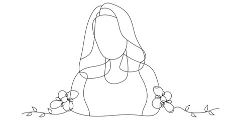 Continuous line drawing of Beauty girl face. Attractive young woman portrait female beauty. Black and white vector illustration