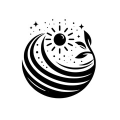 Monochromatic emblem of a celestial sphere: sun, stars, and stylized plant growth.