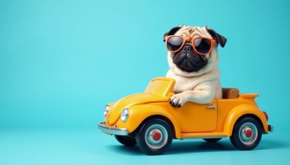 Funny pug dog wearing sunglasses inside toy car on light blue background, sunglasses, illustration
