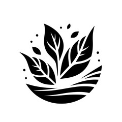 Abstract Black and White Botanical Illustration Depicting Leaves Rising from a Stylized Landscape with Decorative Dots