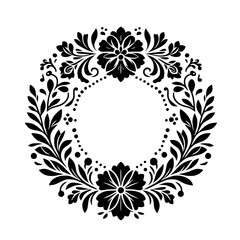 A symmetrical black and white floral wreath design, showcasing stylized blossoms, leaves, and dotted elements creating a decorative border on a white backdrop.