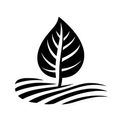 A stark black and white graphic, depicting a stylized leaf with vein details atop undulating lines, symbolizing growth and nature.