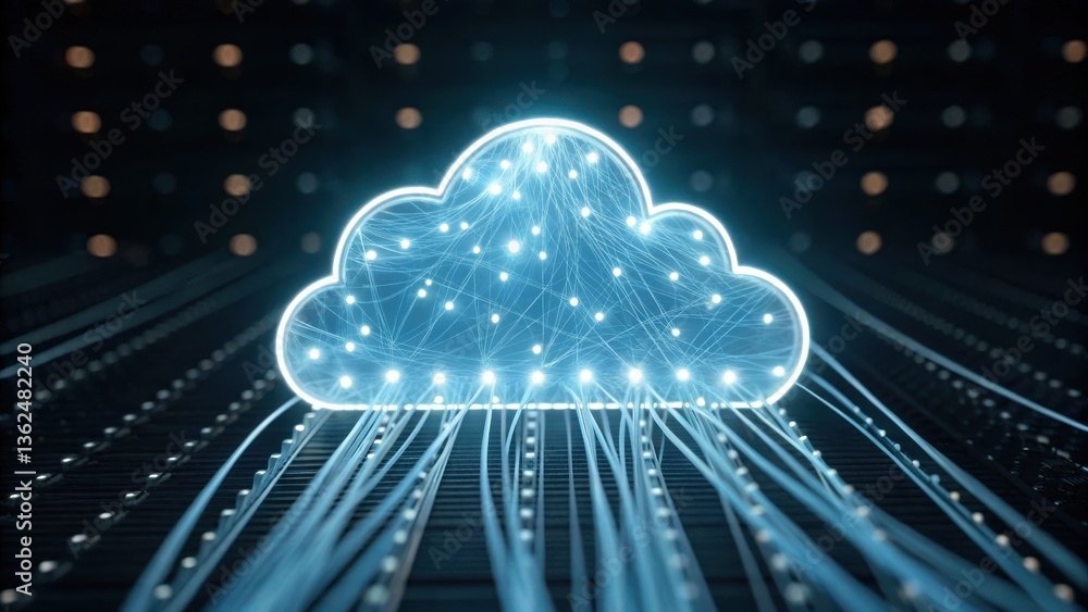 Poster digital cloud with data connections and glowing lines.