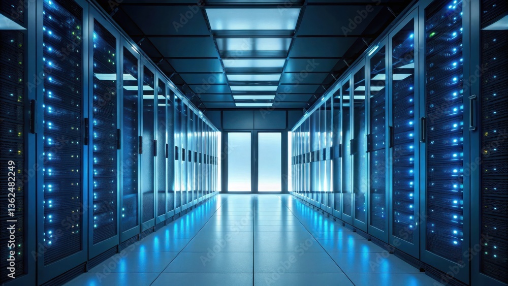 Poster data center corridor with illuminated server racks and futuristic design.