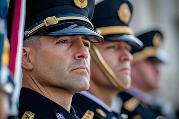 Obraz premium Military officers standing at attention during formal ceremony