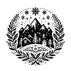 A monochrome winter scene within a circular frame, featuring snowy mountains, cabins, fir trees, and snowflakes, encompassed by a botanical wreath.