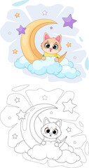 Cute Cat Sitting on Clouds. Night Sky with Moon and Stars, Coloring Page Included