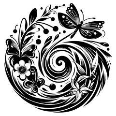Intricate Black and White Floral and Butterfly Swirl Composition, a stylized symmetrical design with flowing lines, delicate patterns, and decorative elements.