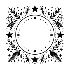 Intricate Black and White Celestial Frame: A Decorative Circle Bordered by Stars, Foliage, and Dotted Accents on a White Background.