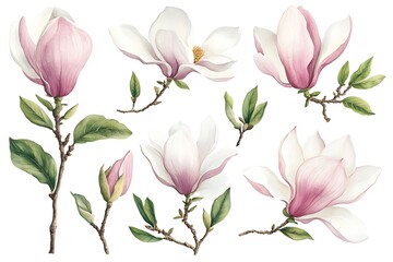 Naklejka premium Delicate Watercolor Magnolia Illustration with Soft Pink & White Blossoms on Elegant Branches