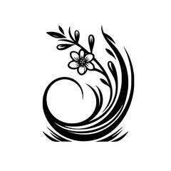 Elegant Black and White Floral Swirl Design Featuring a Detailed Flower and Flowing Abstract Lines, Evoking a Sense of Grace.