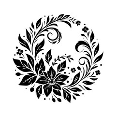 Intricate Black and White Floral Mandala Design Featuring a Central Flower Surrounded by Leaves and Swirls, on a Solid White Background.