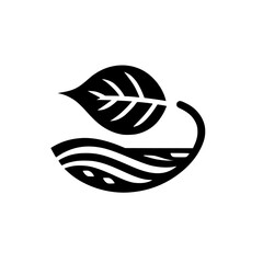 Minimalist Black and White Leaf and Water Symbol, Suggesting Harmony and Balance, Depicted on a White Background.