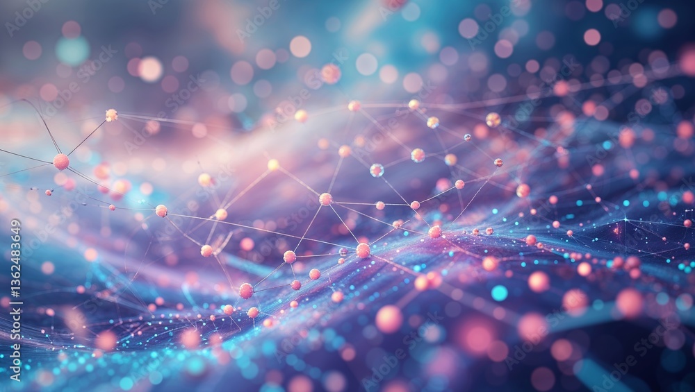 Poster digital abstract representation of interconnected nodes and flowing particles in vibrant colors and 