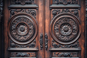 Ornate carved wooden doors, building entrance, city background, architectural detail, stock photo
