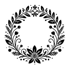 Elegant Black and White Floral Wreath: A symmetrical botanical illustration featuring leaves, berries, and a central flower, perfect for design.