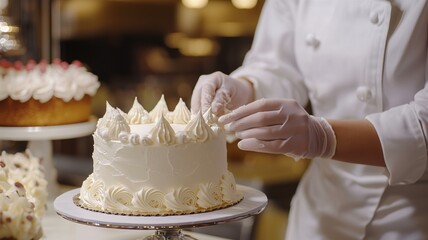 Photorealistic close-up of a pastry chef decorating a cake with intricate designs in a stylish bakery
