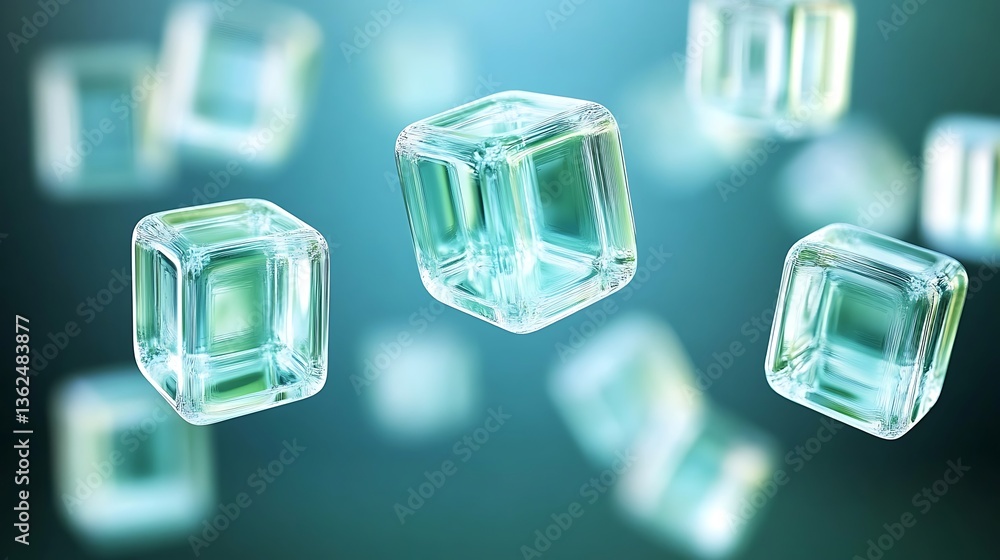 Poster several transparent cubic shapes are floating in a teal colored background