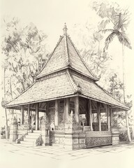 Detailed pencil sketch of traditional Balinese pavilion.  Tropical architecture, ornate roof, and stonework.  Peaceful, tranquil setting