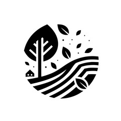 Minimalist Black & White Illustration of a Rural Landscape: A stylized tree, rolling fields, falling leaves, and a small house within a circular frame.