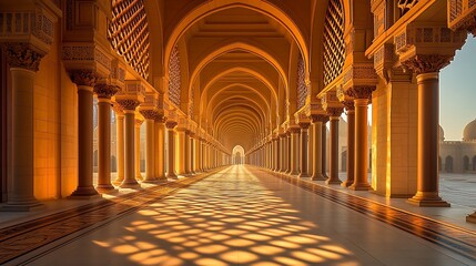 Obraz premium Sunlit colonnaded hallway, intricate architecture, warm tones
