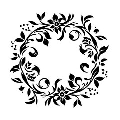A symmetrical, minimalist black floral wreath, featuring stylized flowers, leaves, and curling tendrils, set against a pristine white background, creating a bold, elegant design.