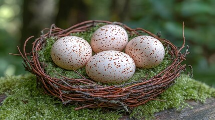 Fototapeta premium Forest's Bounty: Four Speckled Eggs in a Delicate Woven Nest