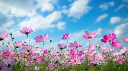 Obraz premium cosmos flowers, dreamy field of blooming cosmos, vibrant pink cosmos flowers in meadow, lush cosmos garden under blue sky, ethereal cosmos blossoms against fluffy clouds, whimsical cosmos floral lands